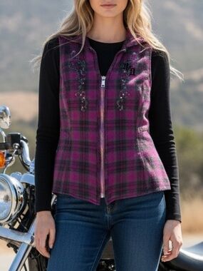 Harley-Davidson Pink, Purple and Black Plaid Sleeveless Zip-Up Shirt Vest